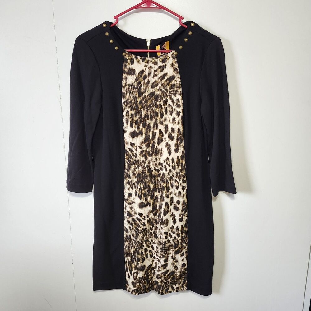 Ruby Rd Leopard Colorblock Shift Dress Studded Neck 3/4 Sleeve Womens S